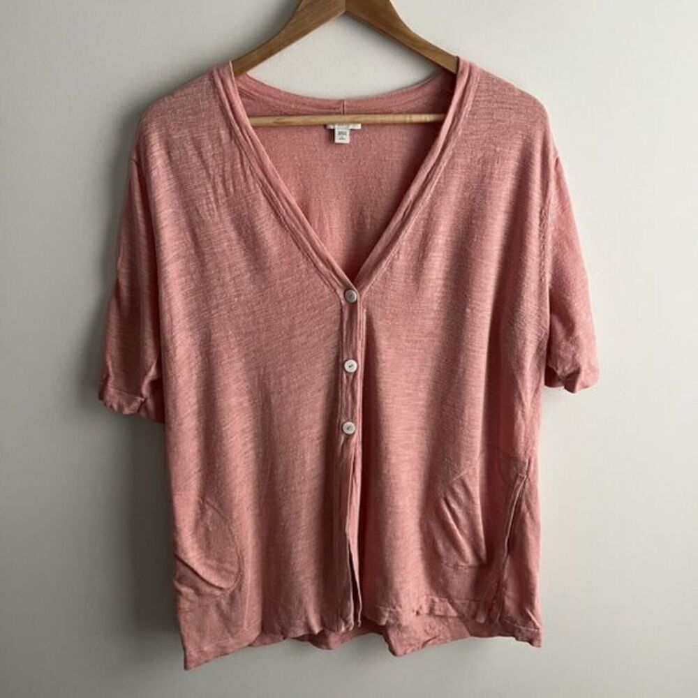 J Jill Linen Blend Sweater Petite Large Women’s Pink Cardigan Short Sleeve Boho